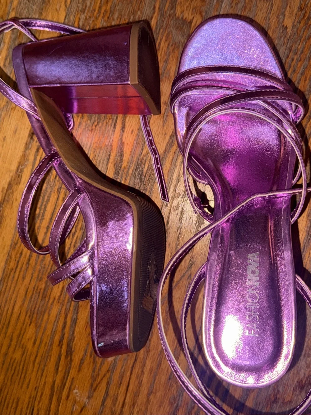 Fashion Nova Pink Purple Metallic Chunky Strappy Heel Shoes Platform Sabrina